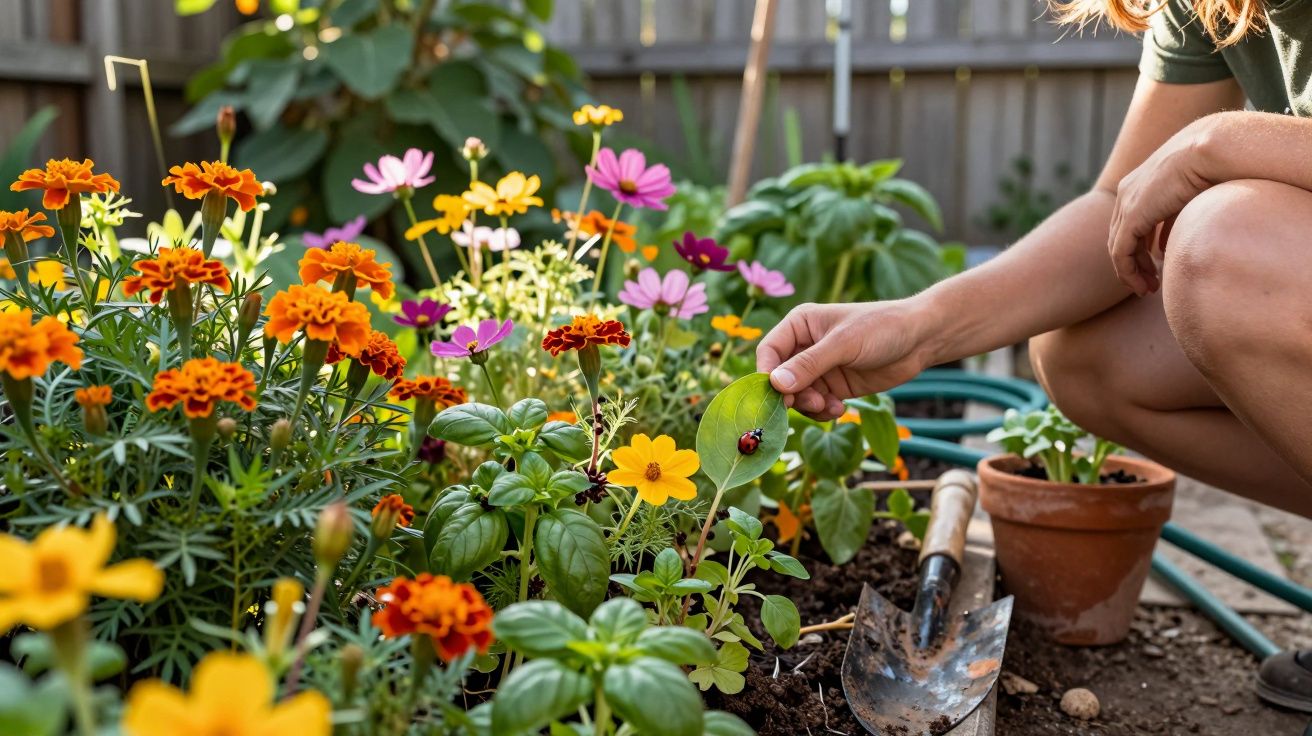 Pessoa observa uma joaninha numa folha no meio de flores coloridas num jardim com utensílios de jardinagem.