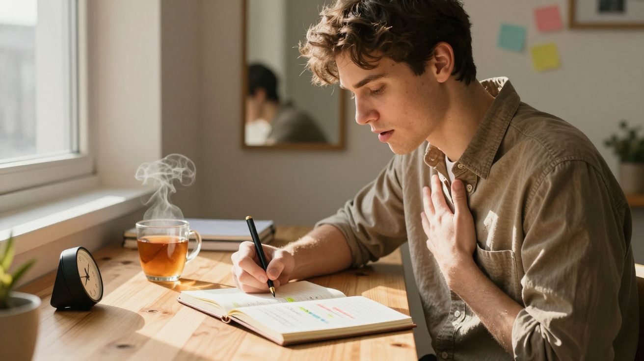 Jovem a estudar concentrado numa secretária com chá quente e relógio junto à janela.