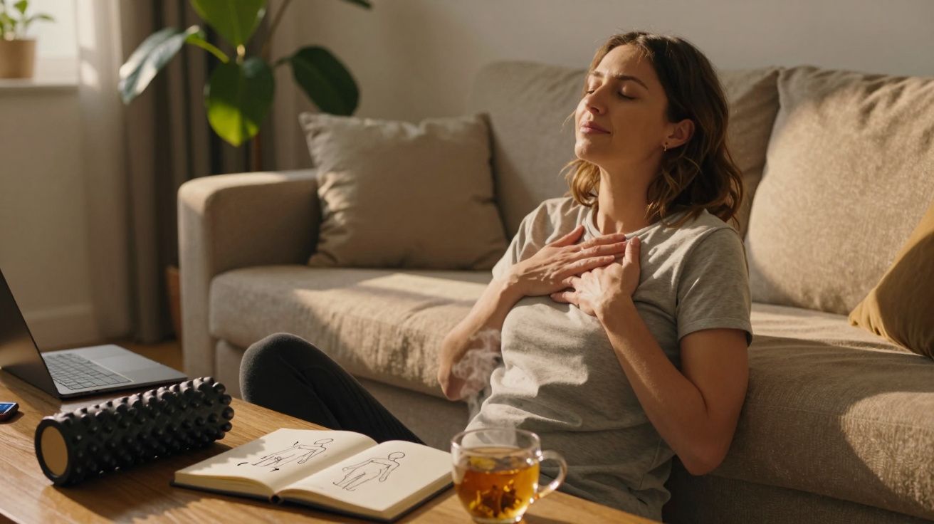 Mulher sentada no chão de uma sala, relaxando com mãos no peito e olhos fechados próxima do sofá.