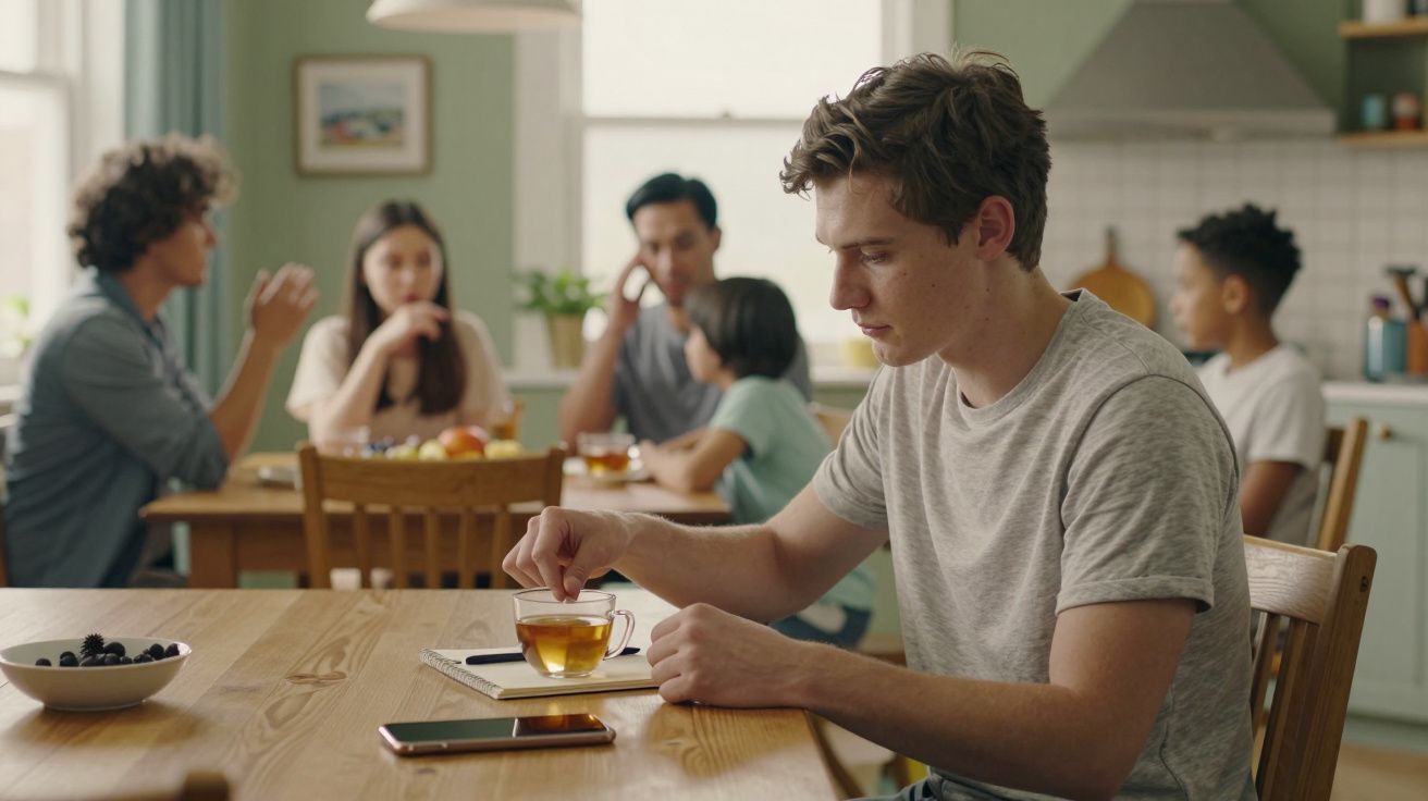 Jovem sentado à mesa, mexendo o chá, com grupo de pessoas a conversarem ao fundo numa cozinha iluminada.