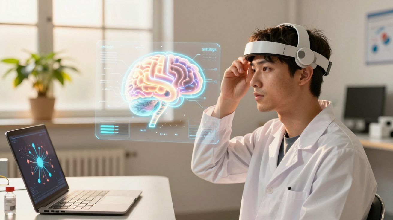 Homem com headset tecnologico a analisar holograma 3D do cerebro frente a um computador portátil.