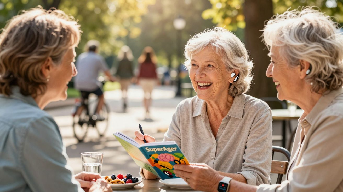 Três mulheres idosas sentadas numa esplanada ao ar livre, conversando e sorrindo com livro e snacks na mesa.
