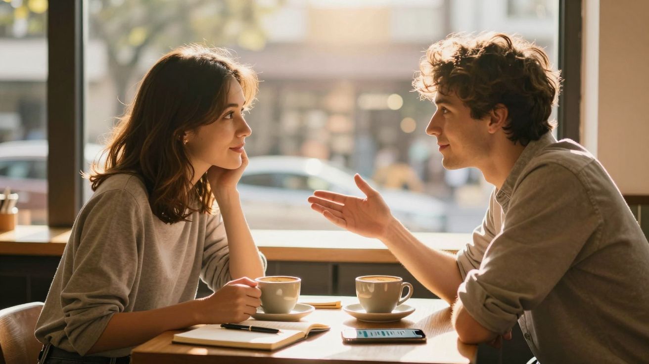 Casal sentado à mesa de café a conversar, com chávenas e telemóvel à frente, em ambiente luminoso e acolhedor.