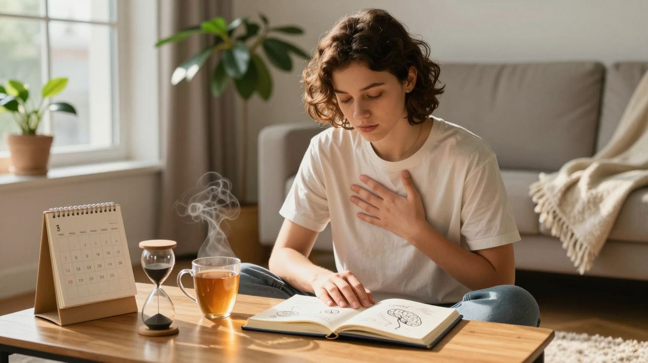 Jovem sentada no chão a ler livro, com chá quente, ampulheta e calendário numa mesa de madeira.