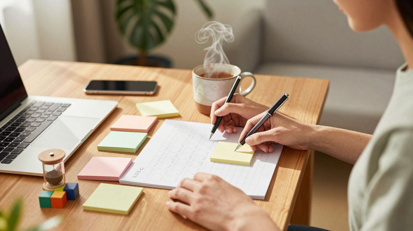 Pessoa a escrever em notas autocolantes numa mesa com portátil, telefone e chá quente fumegante.