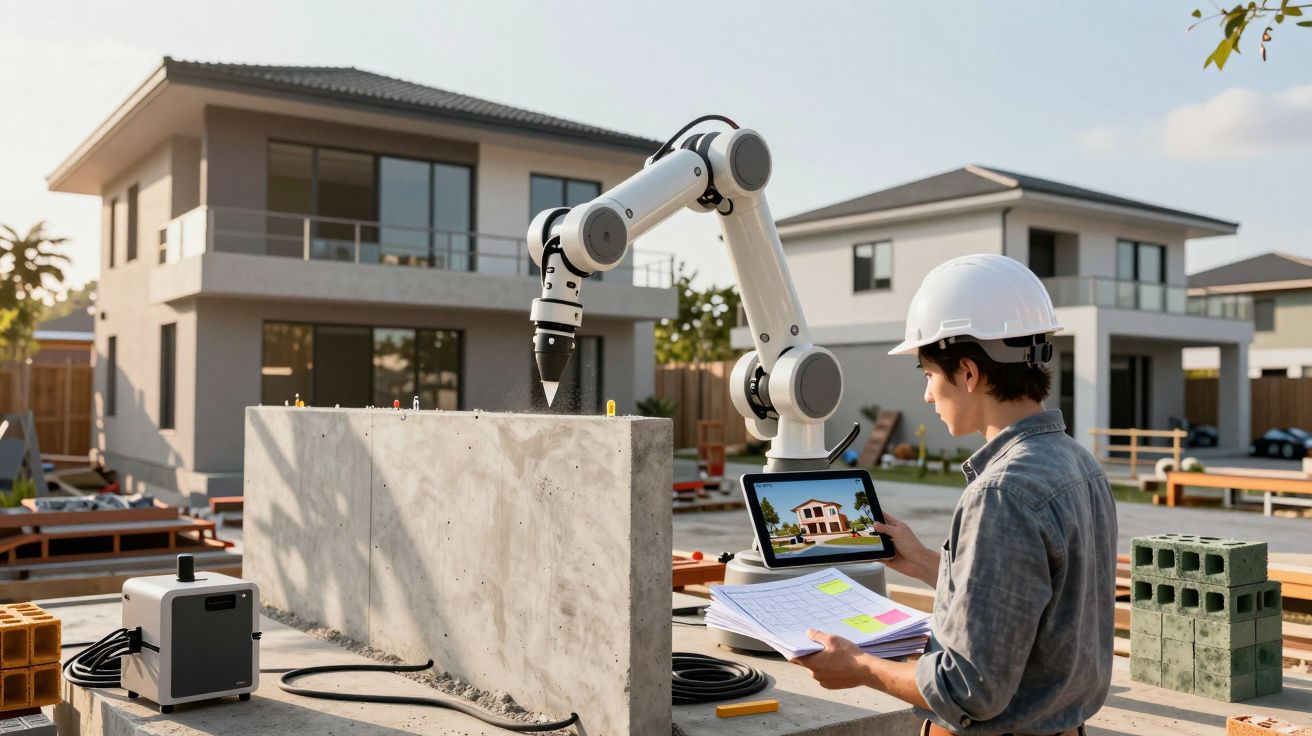 Engenheiro com capacete a usar tablet e robot na construção de casas modernas numa obra ao ar livre.