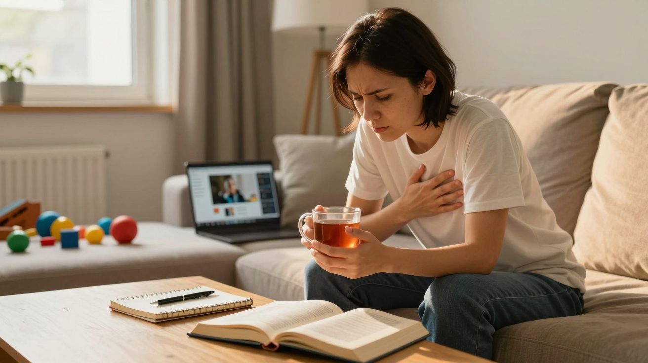 Mulher sentada no sofá com expressão de dor no peito, segurando chá numa mão e livros numa mesa.