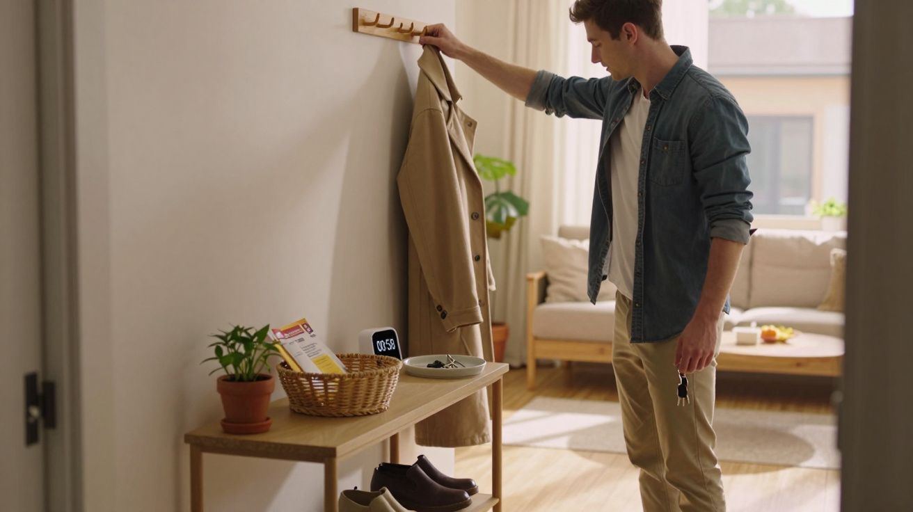 Homem pendura casaco bege no cabide numa entrada iluminada de casa moderna.