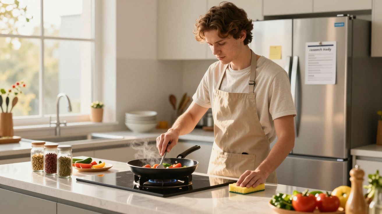 Homem jovem a cozinhar legumes numa frigideira numa cozinha moderna e luminosa.