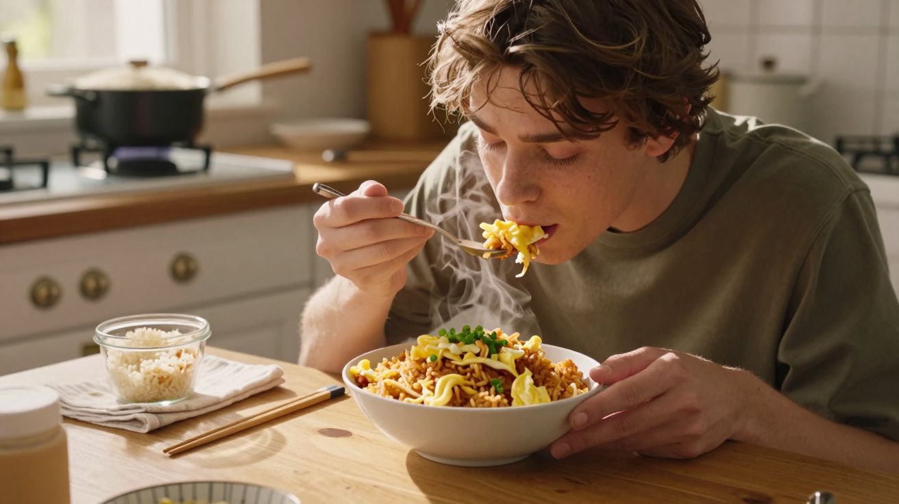 Jovem sentado à mesa a comer noodles com legumes numa tigela branca numa cozinha iluminada.