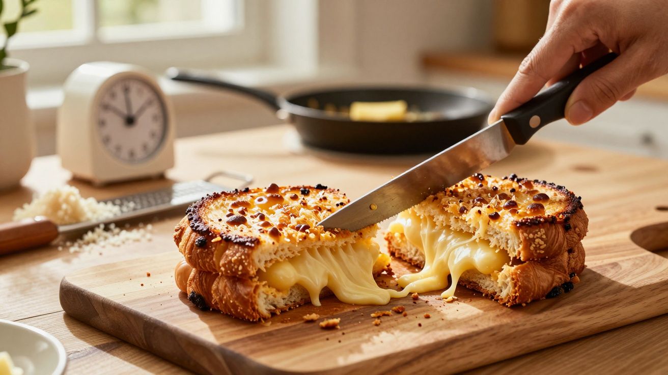 Croissant tostado cortado ao meio com queijo derretido a escorrer, numa tábua de madeira na cozinha.