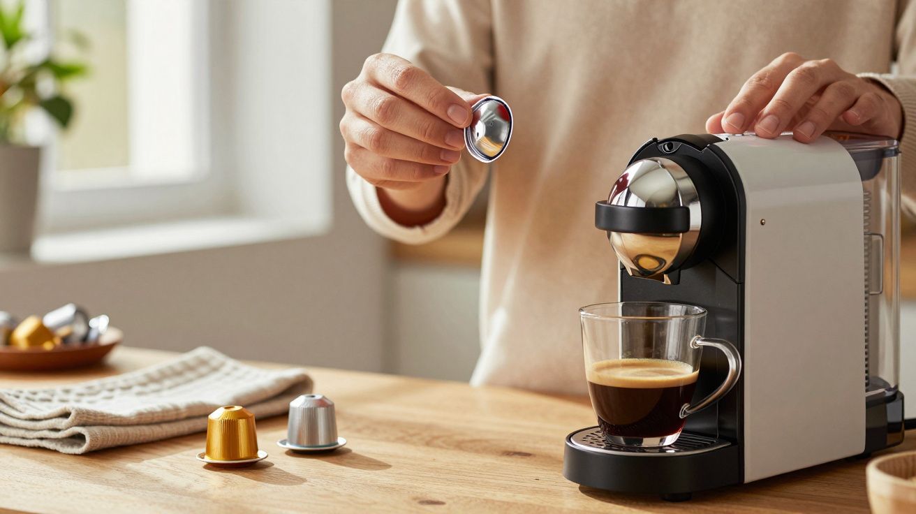 Pessoa a colocar cápsula numa máquina de café espresso numa cozinha iluminada.