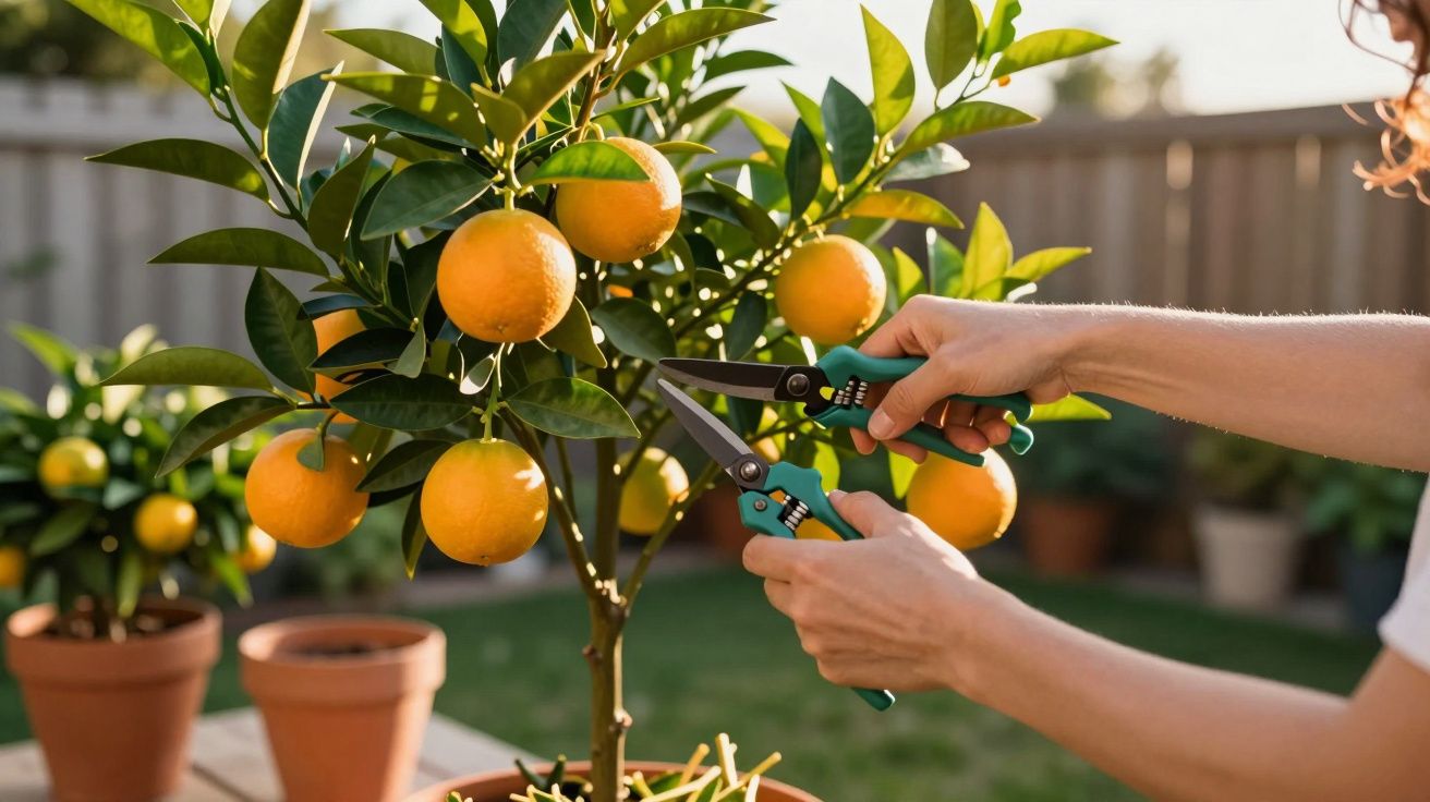 Pessoa a apanhar laranjas num vaso com tesoura de poda num jardim ao fim da tarde.