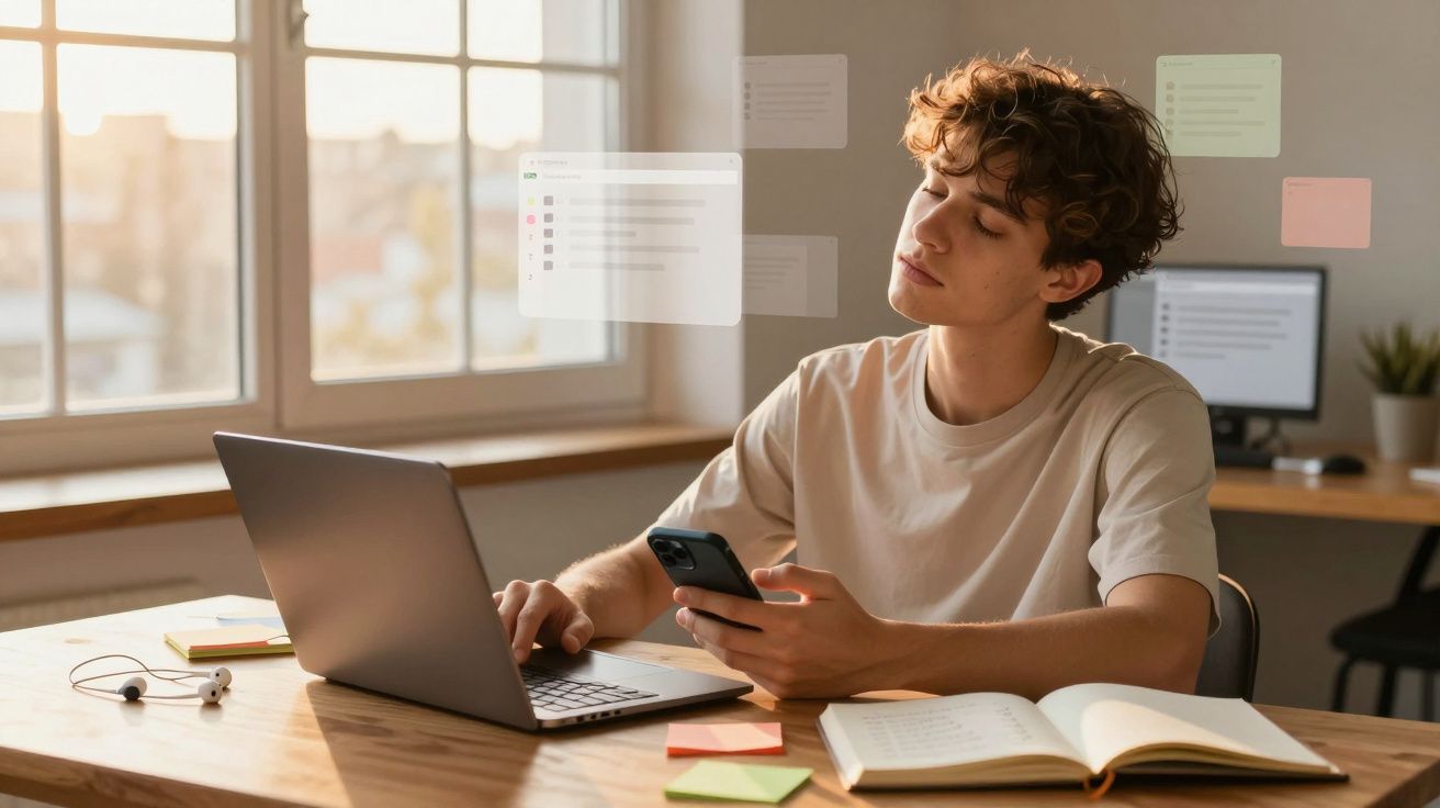 Jovem a trabalhar em laptop e telemóvel numa mesa com caderno aberto, durante o dia, numa sala iluminada.