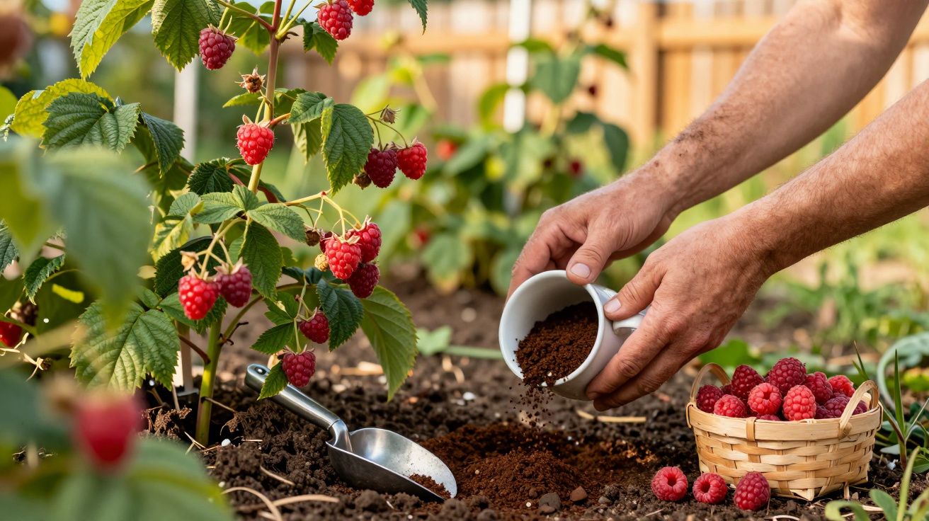 Mãos a cultivar solo junto a uma planta de framboesas, cesta com framboesas colhidas e uma pá no chão.