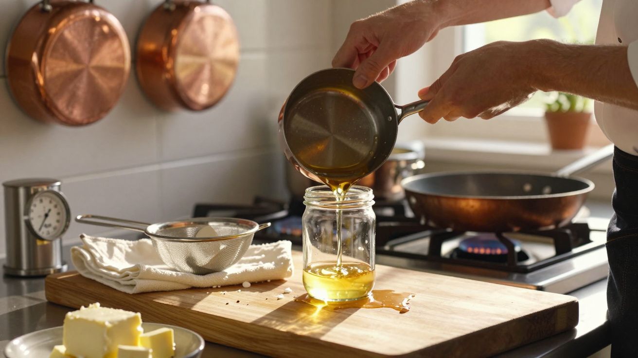 Pessoa a verter líquido dourado em frasco de vidro numa cozinha com utensílios de cobre ao fundo.