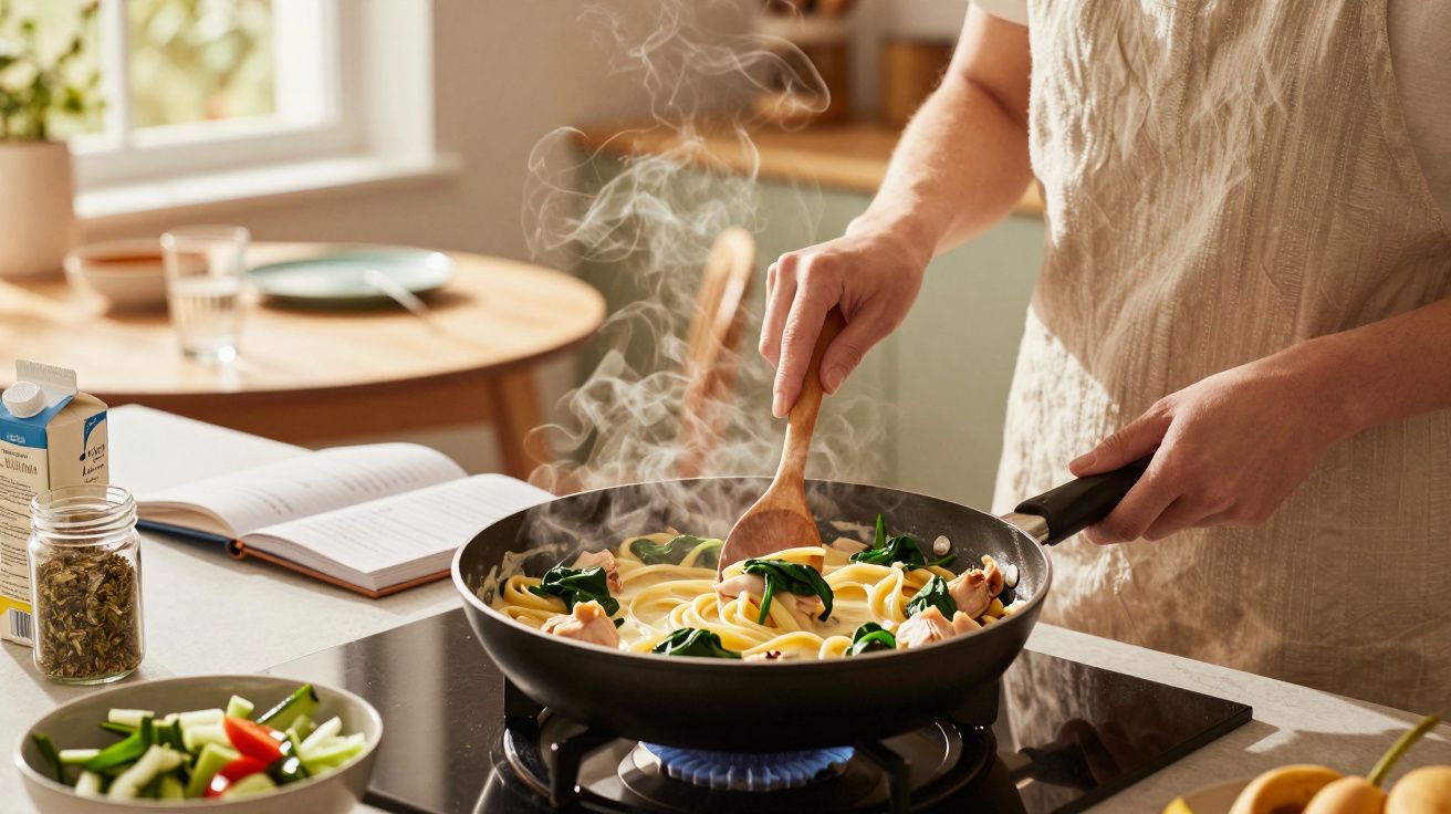 Pessoa a cozinhar massa com espinafres e cogumelos numa frigideira numa cozinha iluminada.