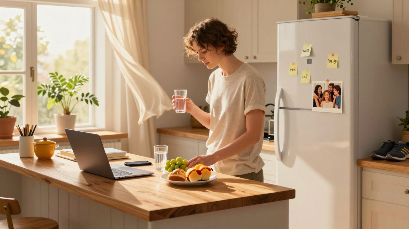 Pessoa com cabelo curto em cozinha luminosa, segura copo de água e prepara fruta na bancada de madeira.
