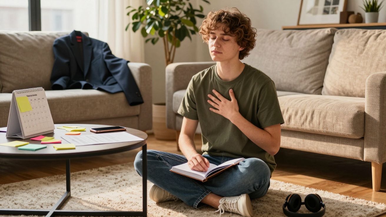 Jovem sentado no chão a meditar com mão no peito e caderno aberto em sala com sofá e mesa de centro.
