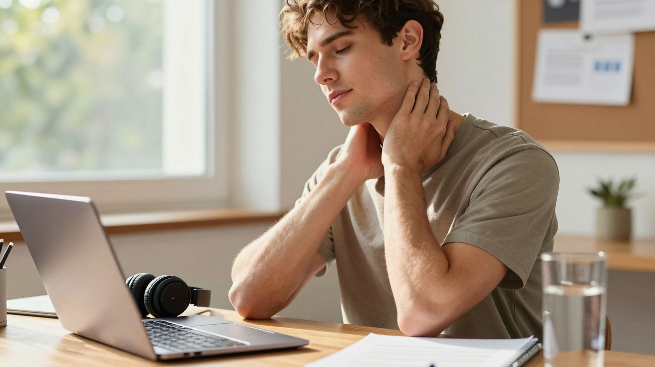 Homem jovem sentado numa secretária com computador, a massajar o pescoço, aparentando cansaço.