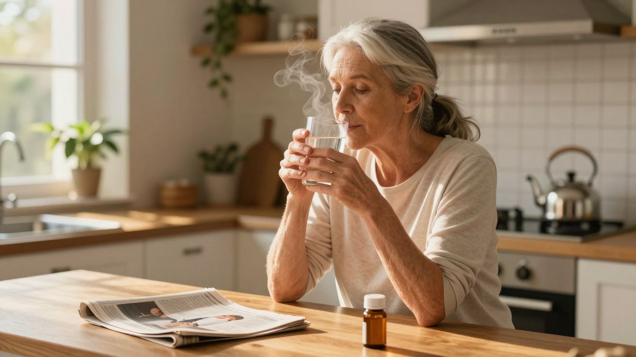 Mulher idosa a beber água quente na cozinha, sentada à mesa com jornal e frasco de medicamentos.