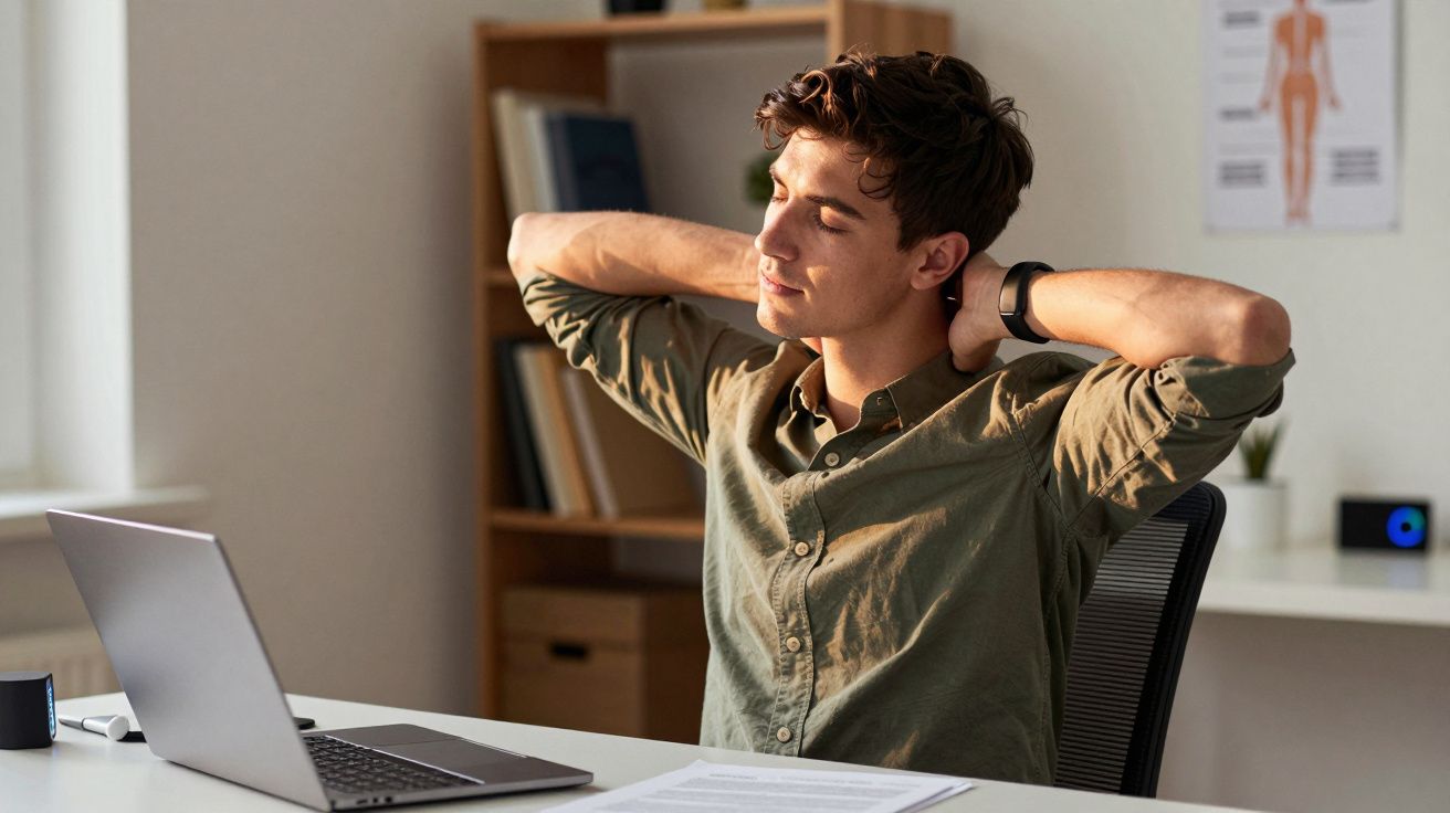 Homem sentado numa cadeira a alongar os braços atrás da cabeça, ao lado de um computador portátil numa secretária.