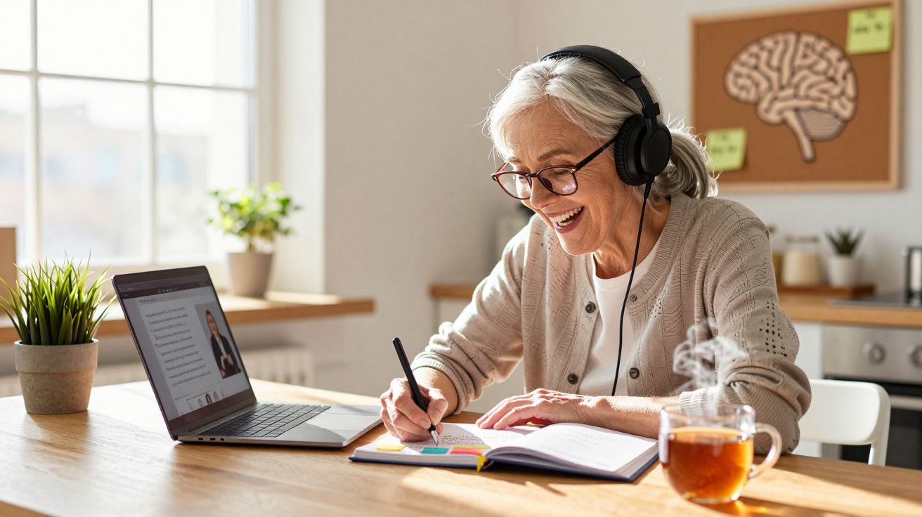Mulher sénior com auscultadores a estudar e a fazer anotações junto a um portátil numa cozinha luminosa.