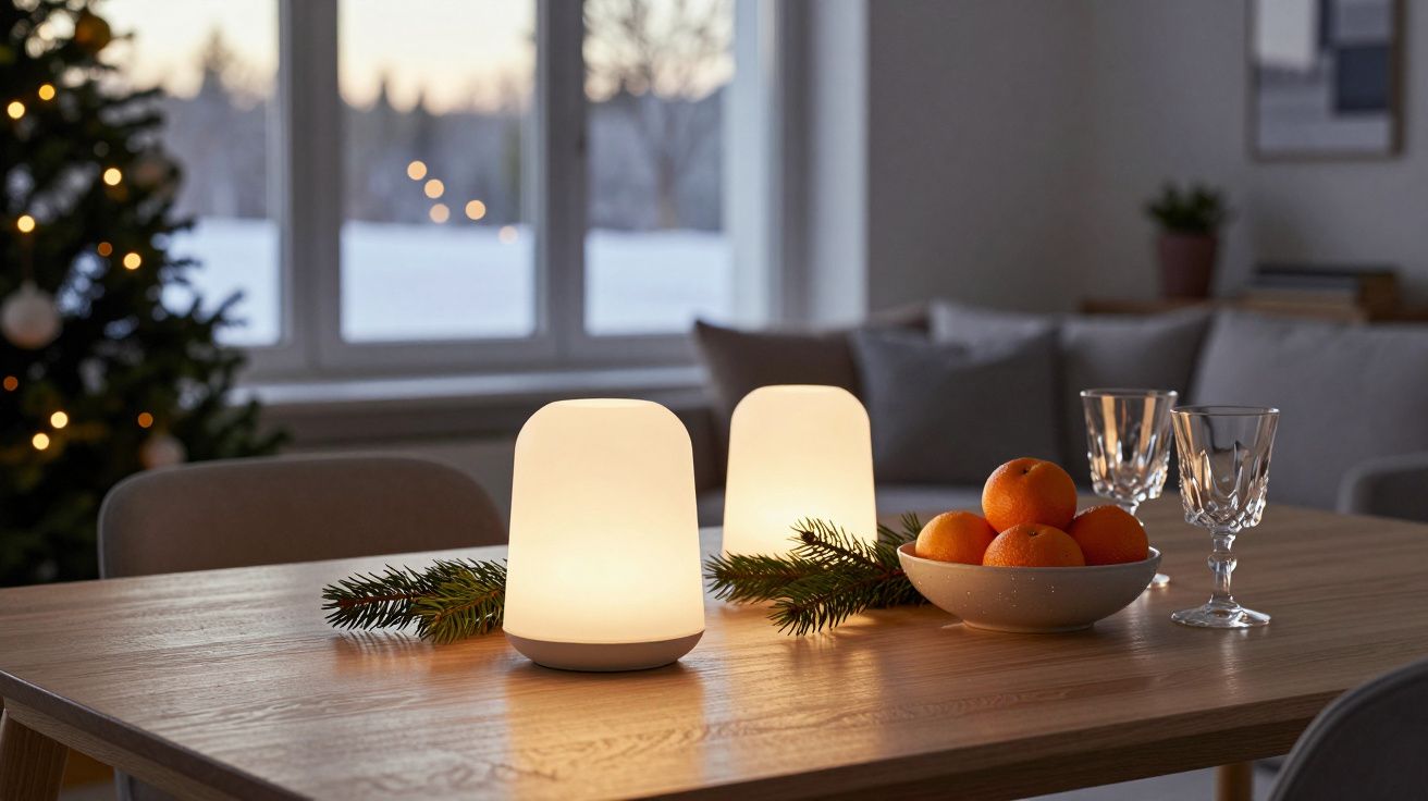 Mesa de madeira com duas lâmpadas, ramos de pinheiro, tigela com laranjas e dois copos num ambiente acolhedor.