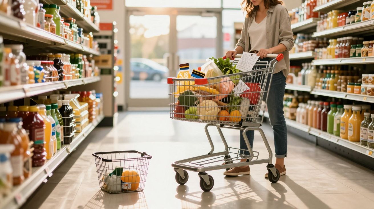 Mulher faz compras com carrinho cheio de alimentos frescos num supermercado iluminado.