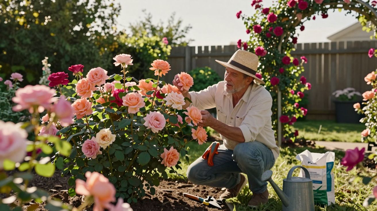 Homem idoso a cuidar de rosas cor de pêssego num jardim ensolarado com chapéu de palha.