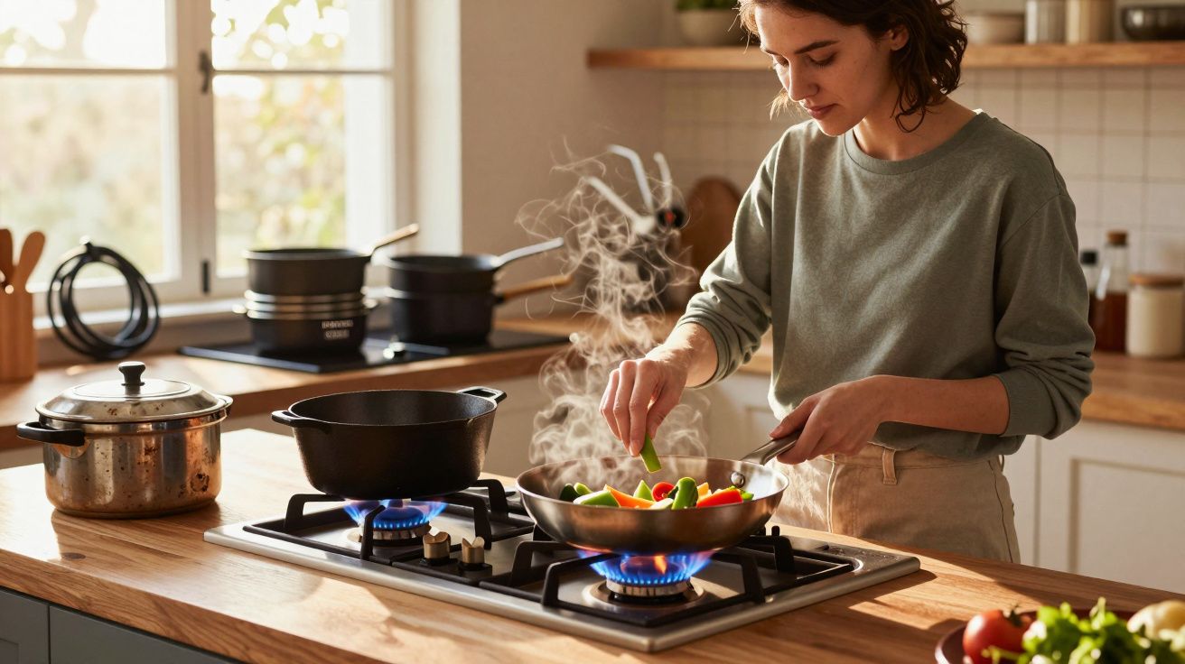 Mulher a cozinhar legumes numa frigideira sobre um fogão a gás numa cozinha moderna e iluminada.