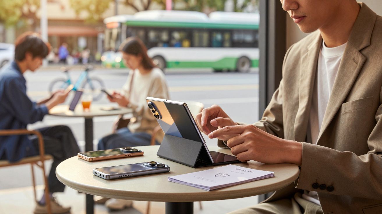 Pessoa a usar tablet num café com dois telemóveis e documentos na mesa, enquanto duas pessoas usam telemóveis ao fundo.