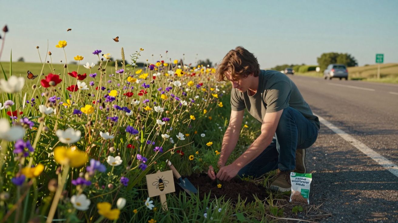 Homem ajoelhado planta flores coloridas junto a estrada com sinalização de proteção a abelhas.