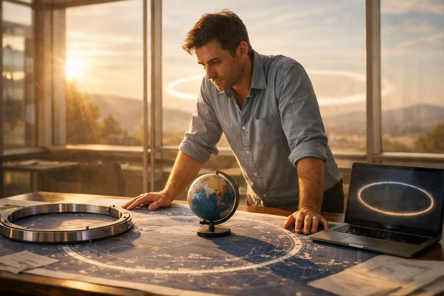 Homem a estudar um globo terrestre e mapas estelares com computador aberto numa sala iluminada pelo sol.