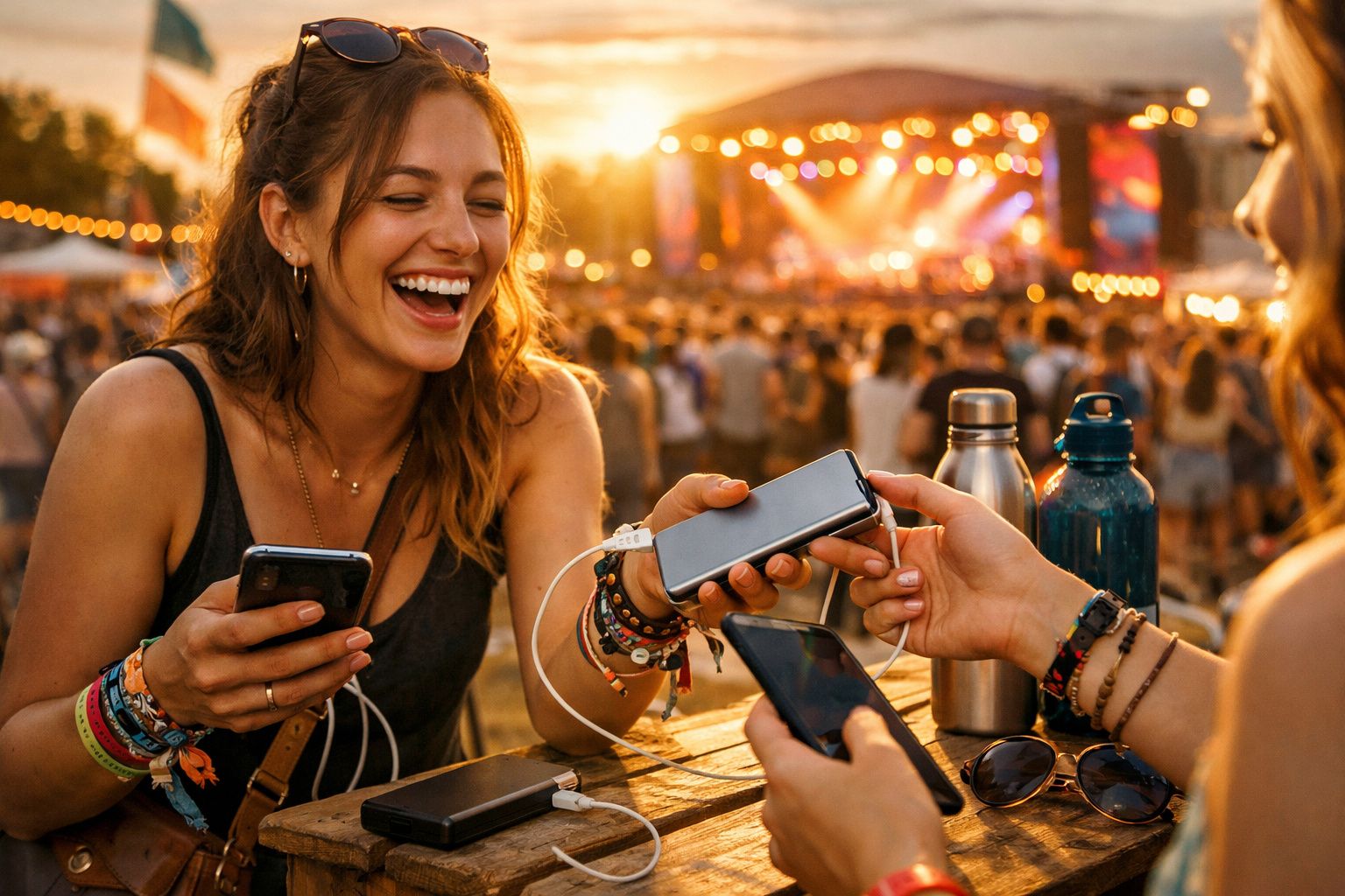 Jovens a partilhar música com smartphones num festival ao pôr do sol, ambiente animado e descontraído.