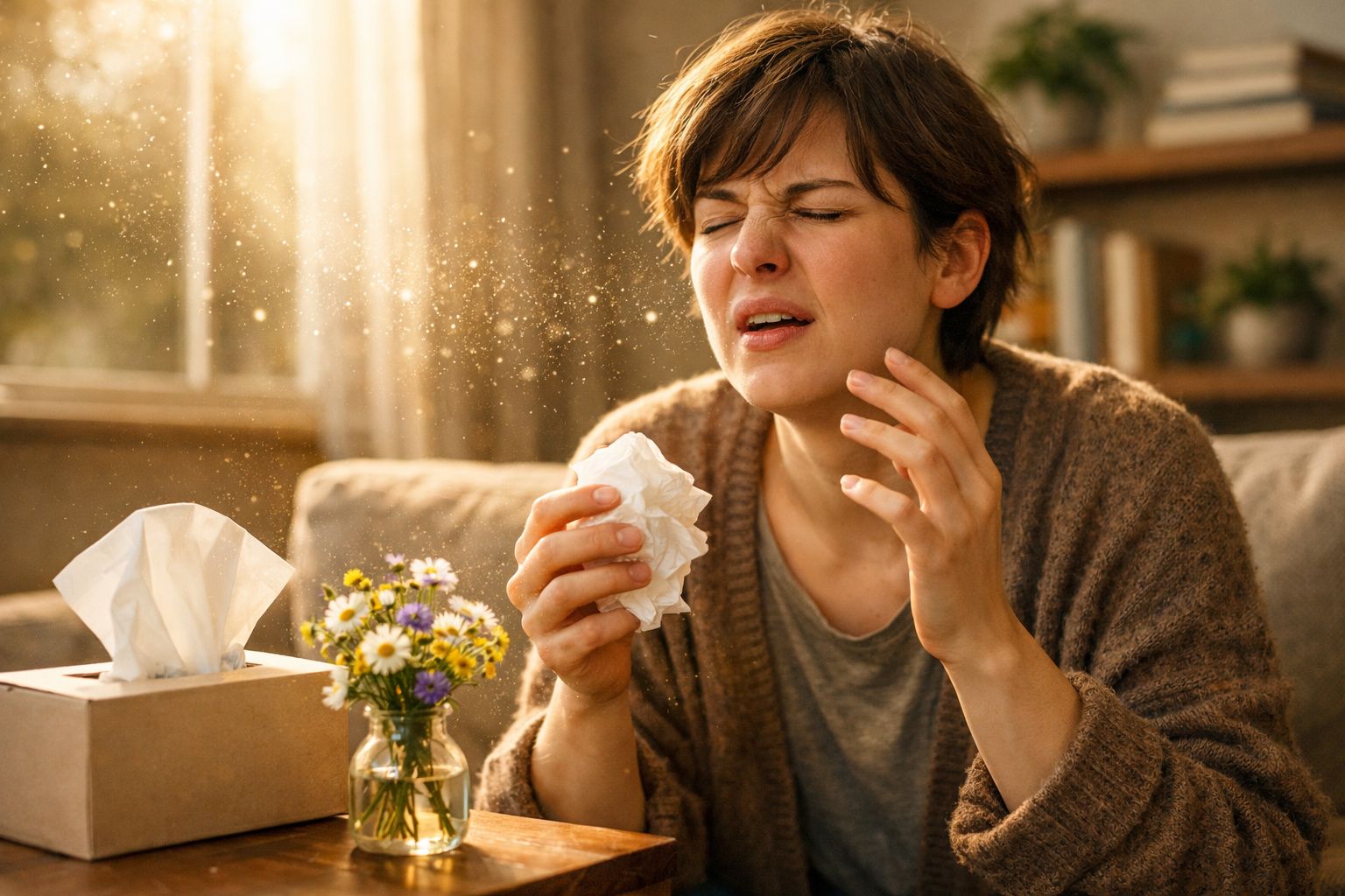 Mulher a espirrar sentada no sofá com lenço na mão e flores na mesa à frente.