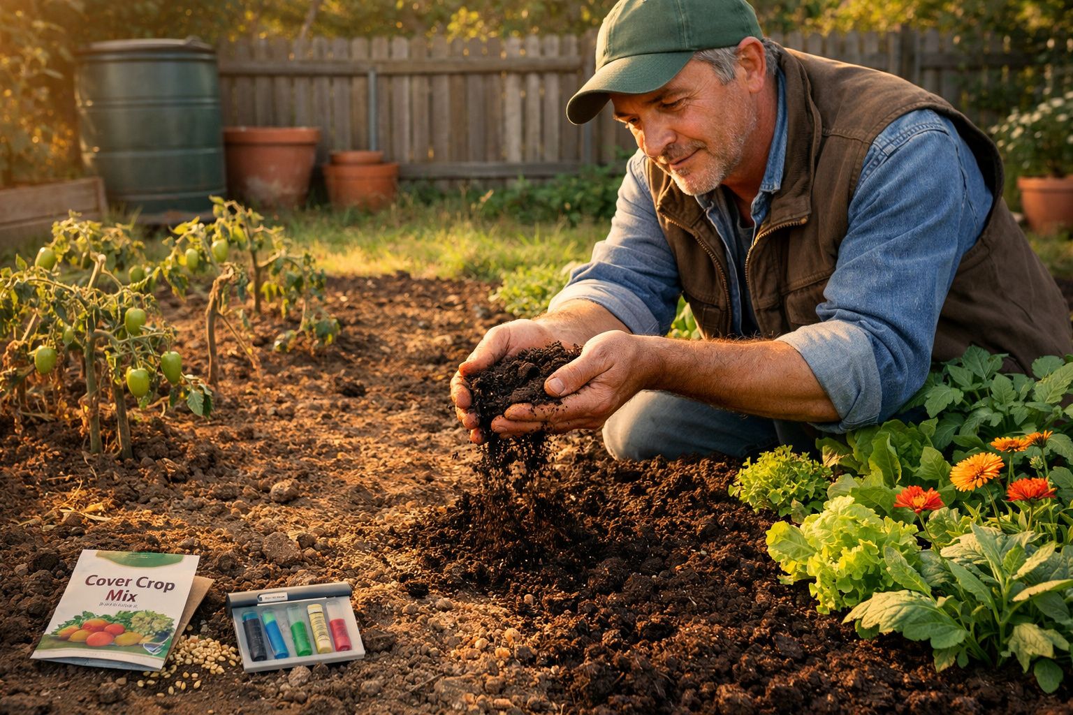 Homem a analisar terra numa horta ao ar livre, rodeado de plantas e sementes para cultivar.