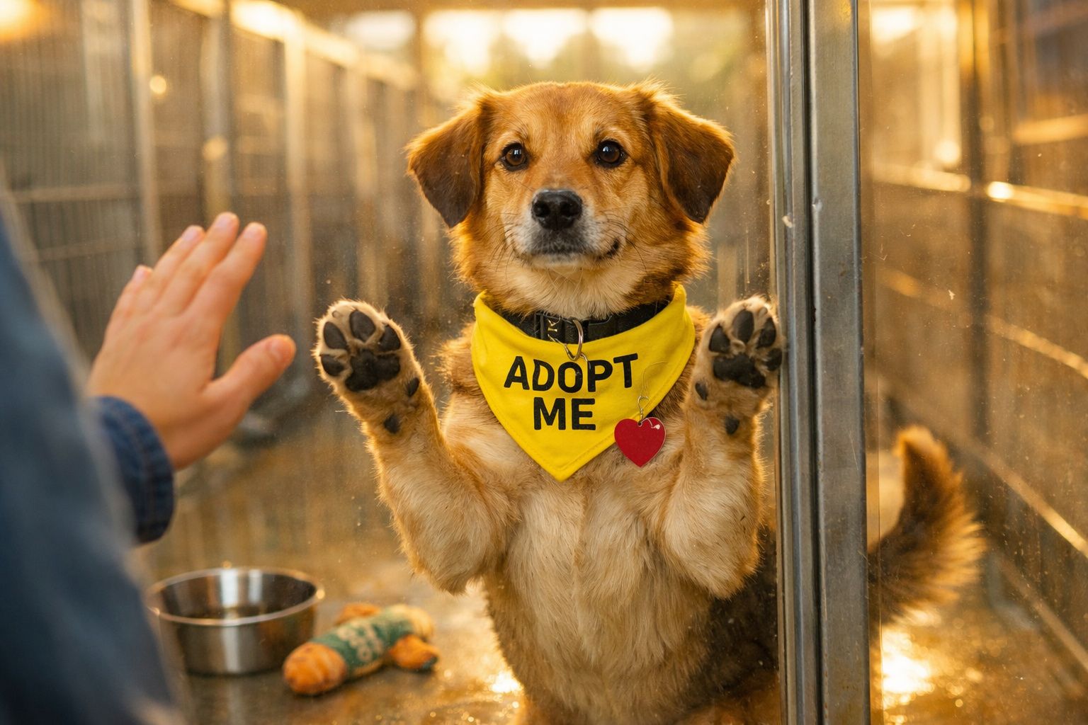 Cão de estatura média com lenço amarelo "Adopt Me" atrás de vidro, com patas levantadas e olhar atento.