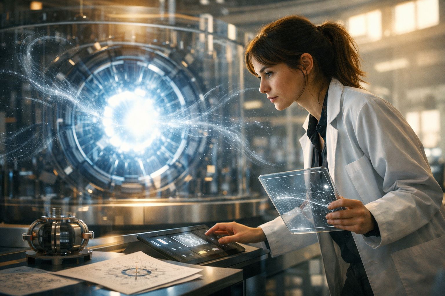 Cientista a analisar dados num tablet transparente junto a um dispositivo tecnológico futurista com luz intensa.