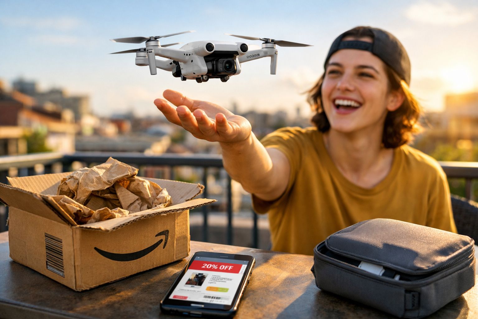 Jovem sorridente controla drone branco à mão, com caixa Amazon e telemóvel numa mesa exterior ao pôr do sol.