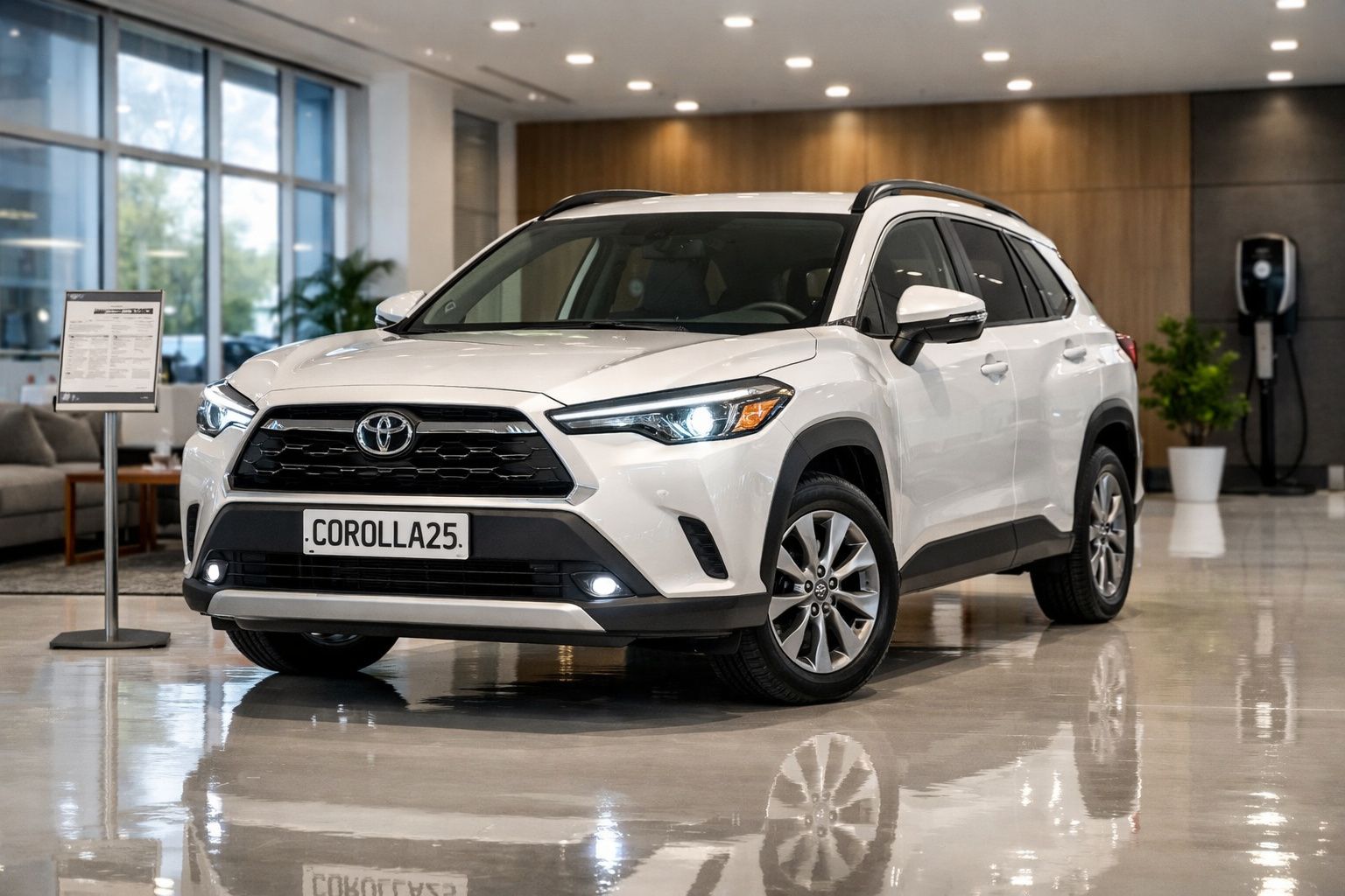 Carro Toyota Corolla Cross branco estacionado em showroom moderno com iluminação interior.