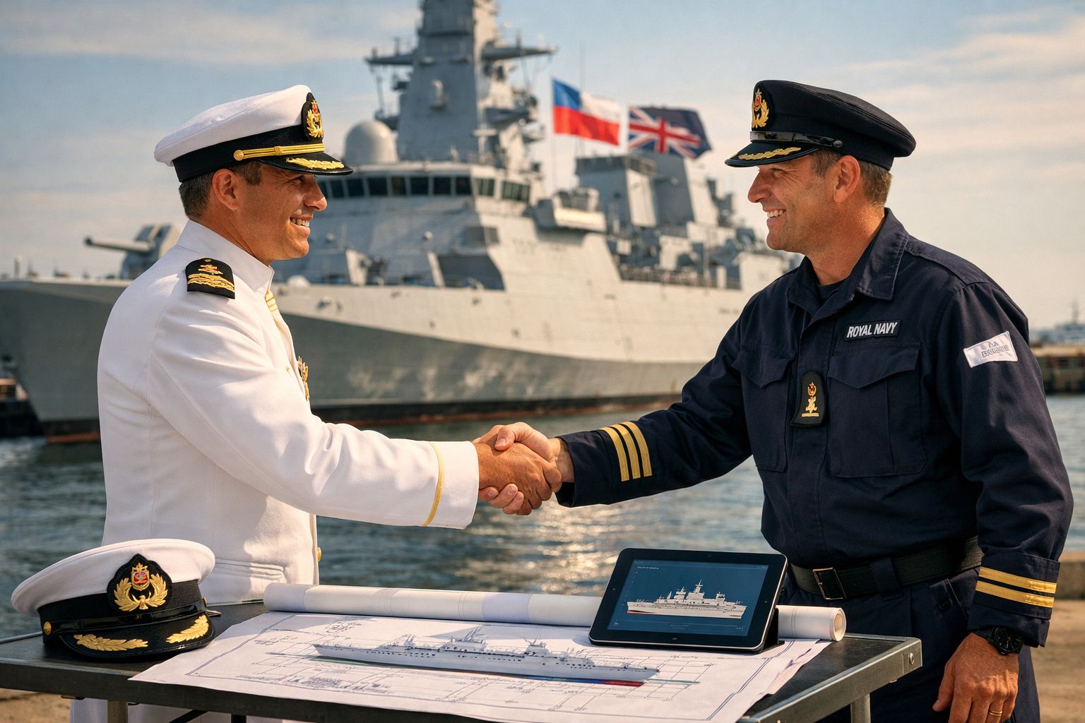 Dois oficiais navais apertam as mãos em frente a um navio de guerra ancorado, com mapas e um tablet sobre uma mesa.