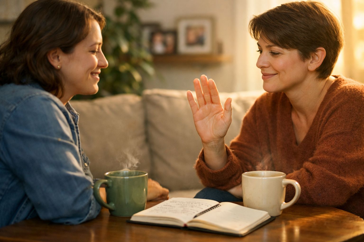 Duas mulheres sorridentes conversam e tomam chá num ambiente acolhedor com um caderno aberto à frente.