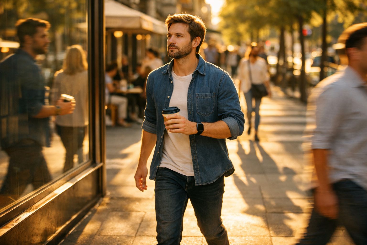 Homem jovem com camisa azul e chávena de café a caminhar numa rua movimentada ao entardecer.