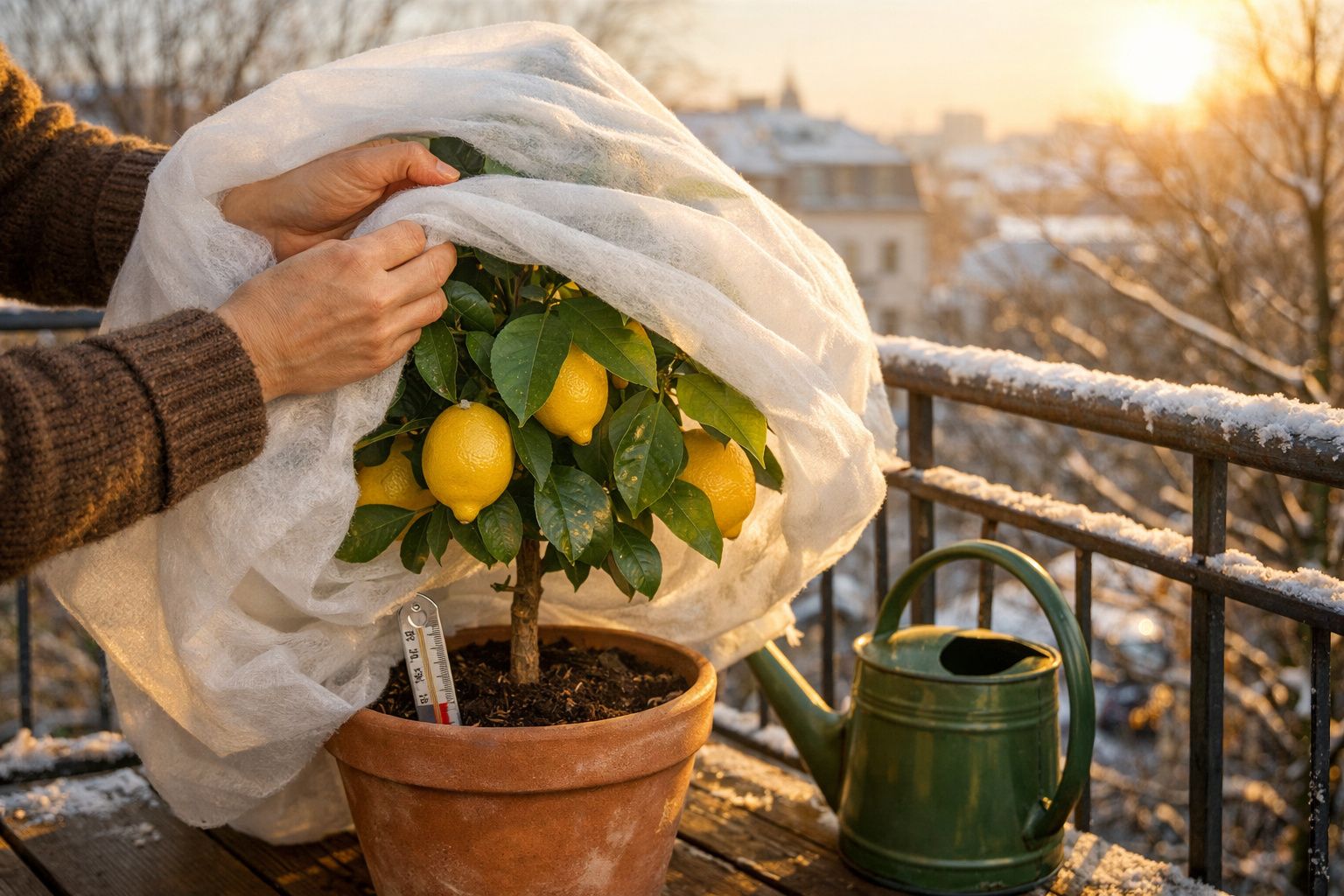 Mãos a cobrir uma planta de limão em vaso com tecido protetor num varandim com regador ao lado.