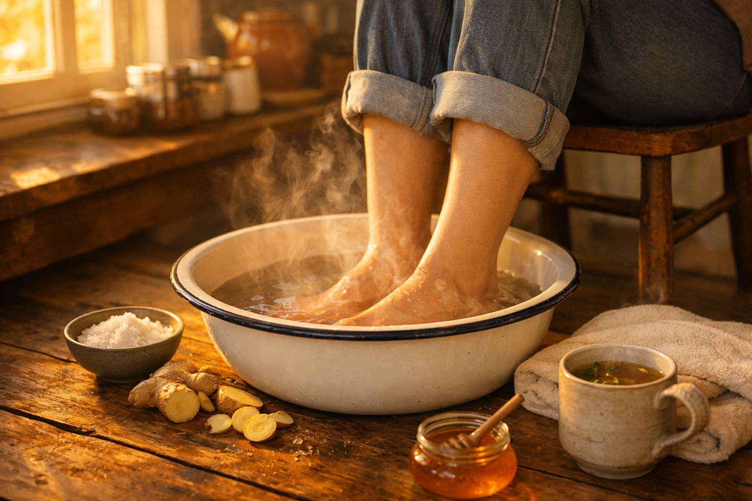 Pés imersos em água quente com vapor, rodeados por gengibre, sal, mel e chá num ambiente acolhedor.