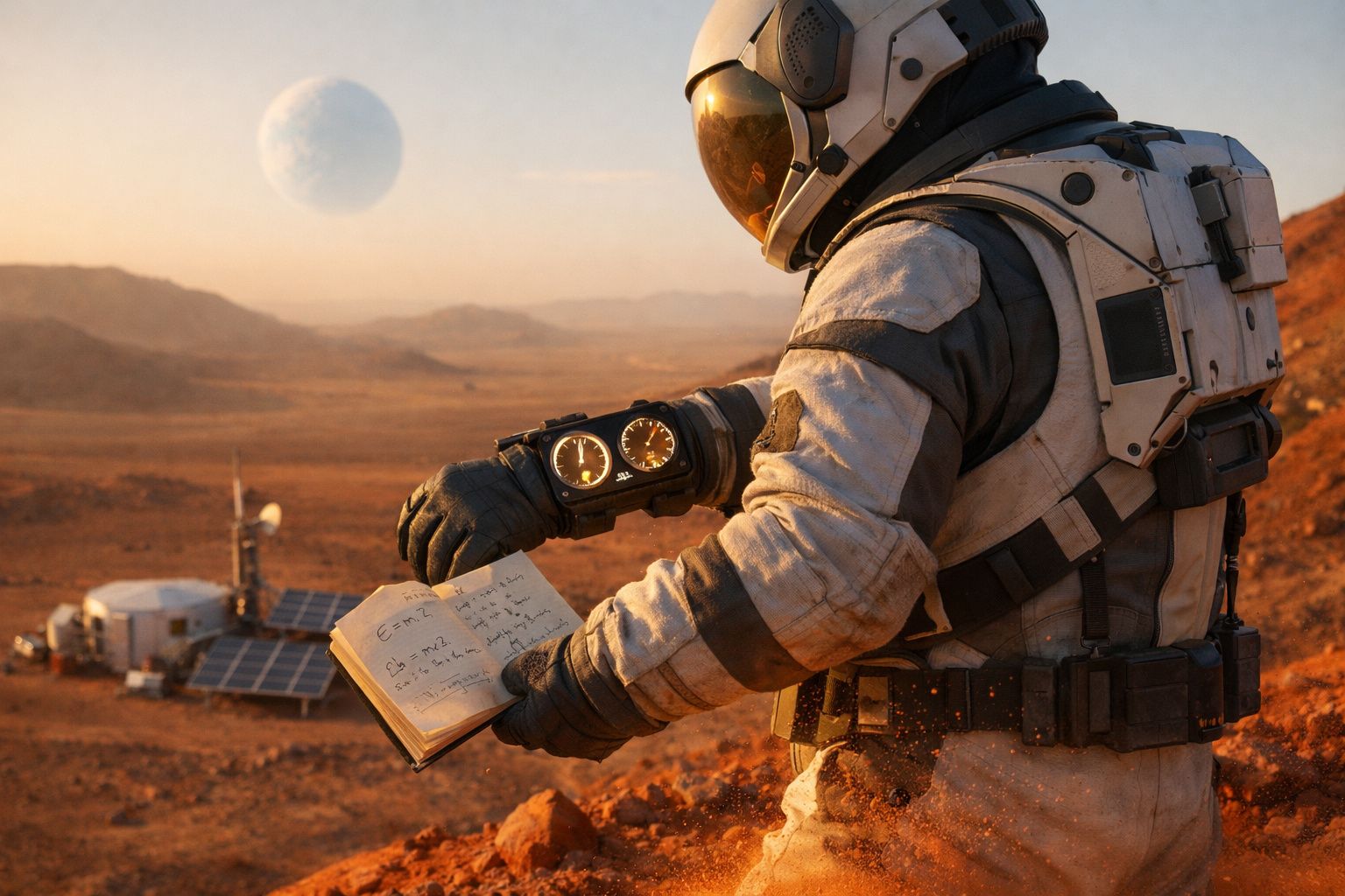 Astronauta na superfície de Marte a consultar notas com base científica, com módulo lunar ao fundo.