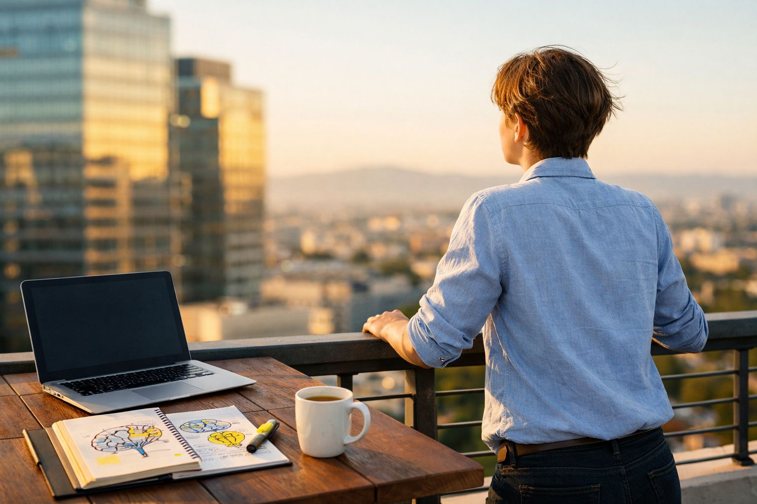 Pessoa com camisa azul observa cidade ao pôr do sol, ao lado de mesa com portátil, caderno e caneca.