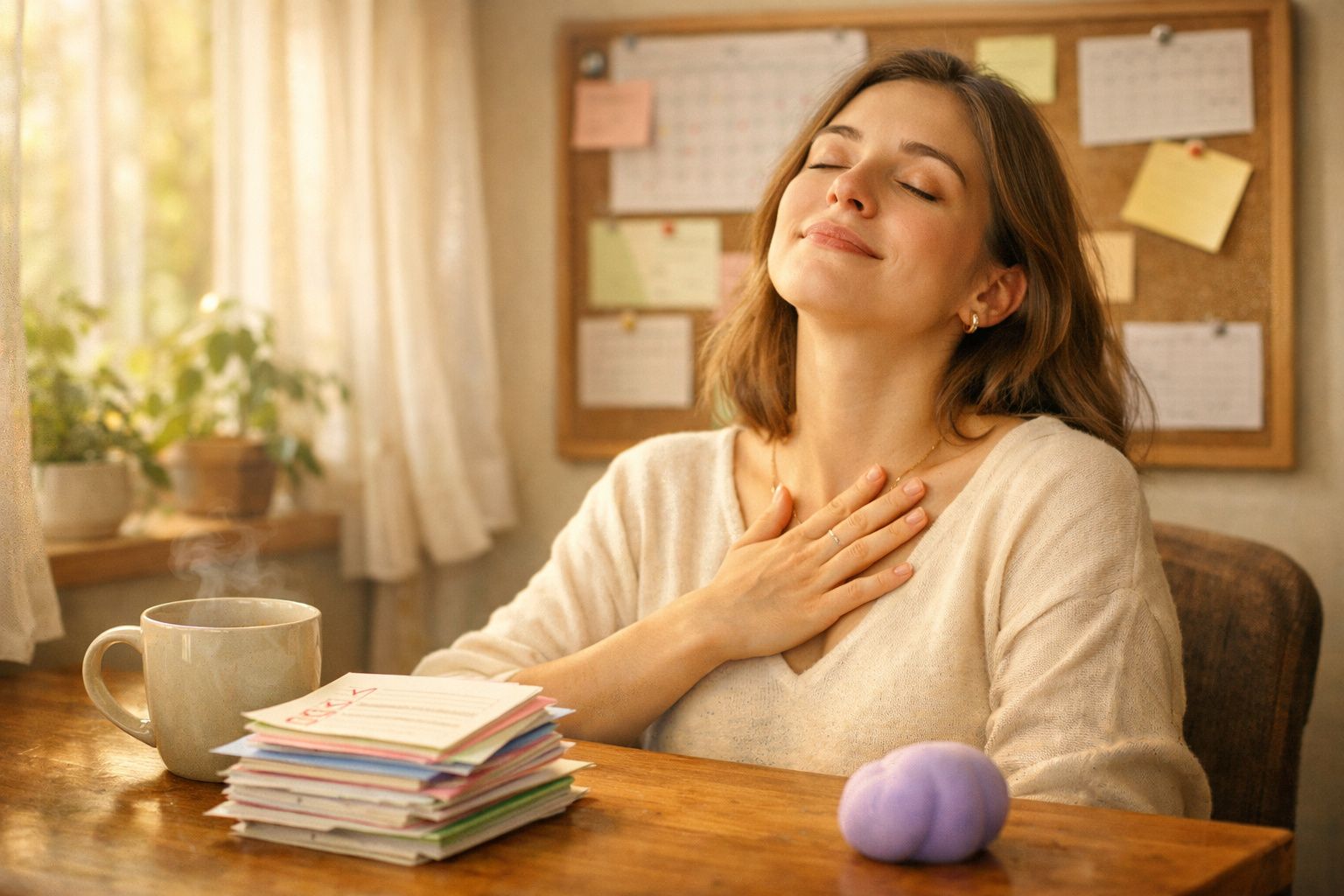 Mulher sentada à mesa com olhos fechados, mão no peito e expressão serena, rodeada de papéis e chá quente.