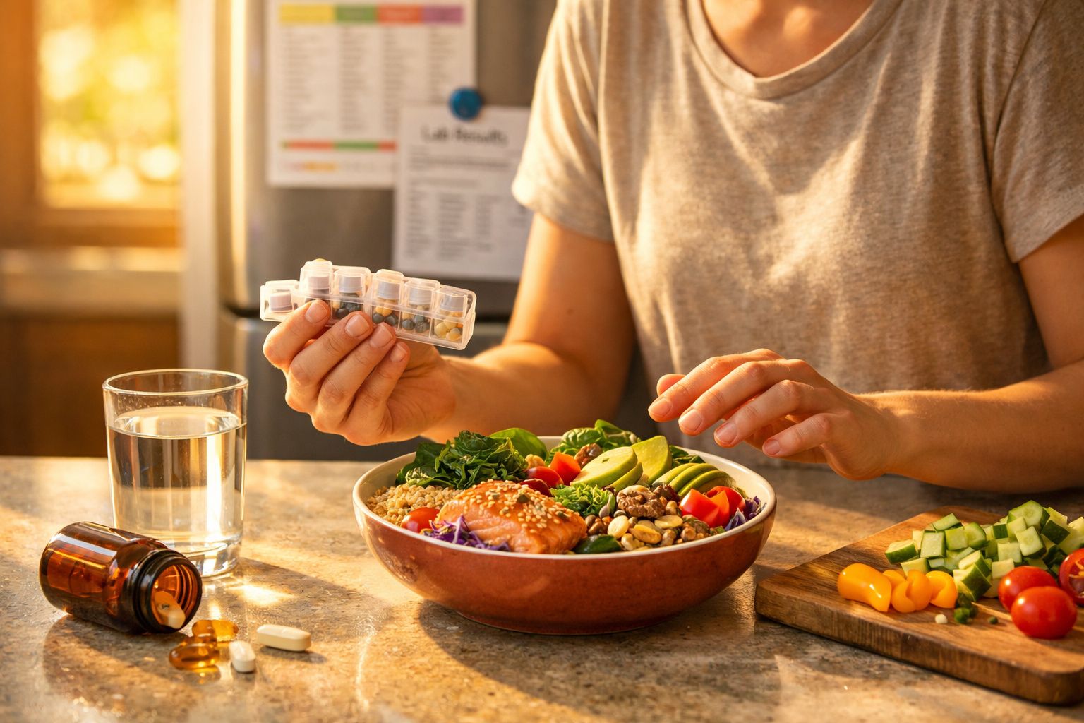 Pessoa a segurar caixa semanal de comprimidos junto de salada, águas e suplementos na mesa.